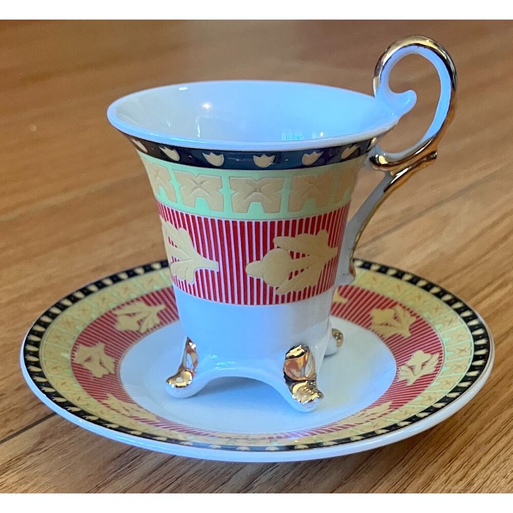 Vtg 1950s A.T.C. Bavarian Style 12pc Coffee Set Red Pinstripe Gold 4Footed w/Box